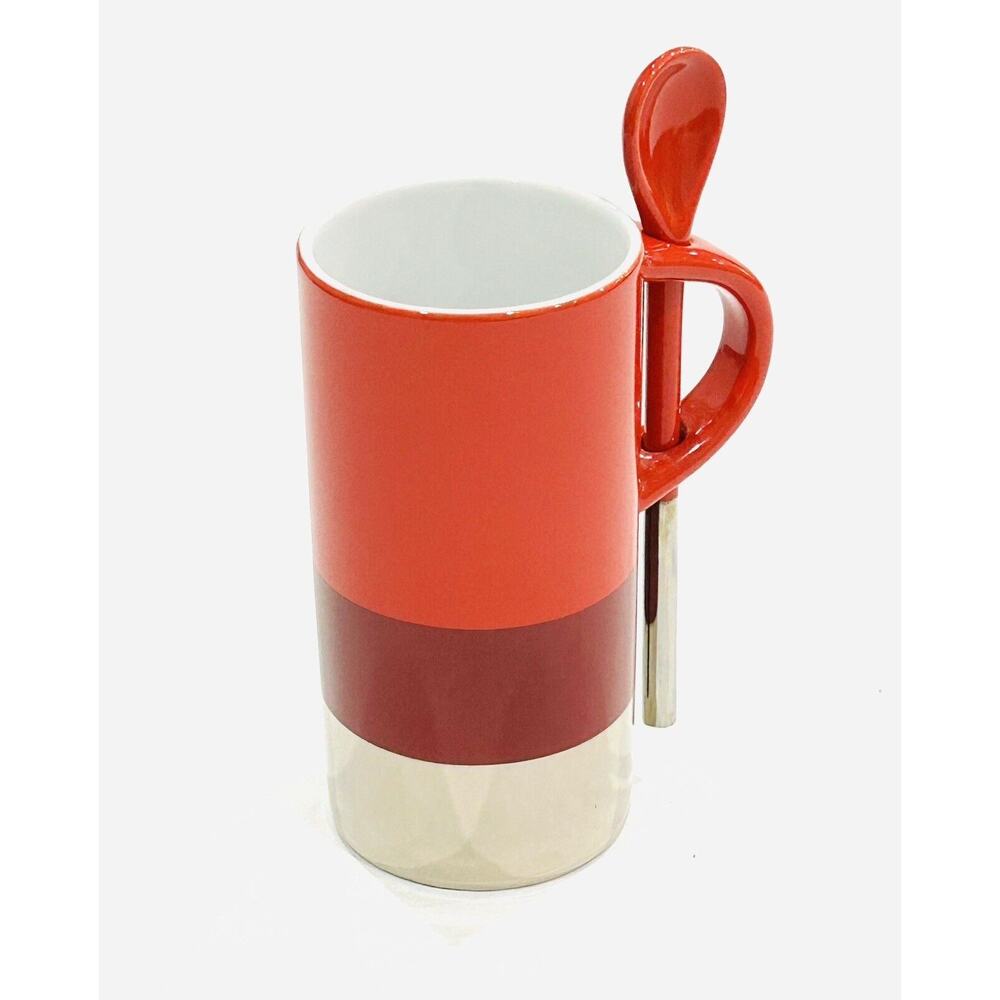 Starbucks 2014 Coffee Mug Tea Cup 8 Oz. Red and Metallic Silver with Spoon